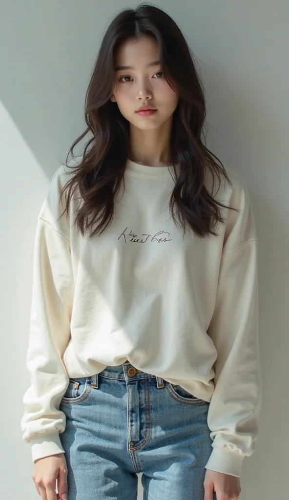 Japanese female model wearing sweatshirt and denim pants