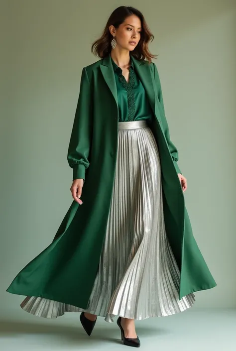 Silver skirt and bottle green blouse