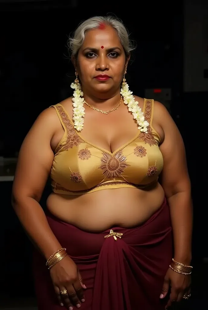 A 60-aged, South Asian woman is centered in the image. She is of medium build and has a slightly large frame. She is wearing a gold-colored, shiny, fitted bra, adorned with intricate dark brown detailing.  A maroon-red sari, flowing and draped, covers her ...