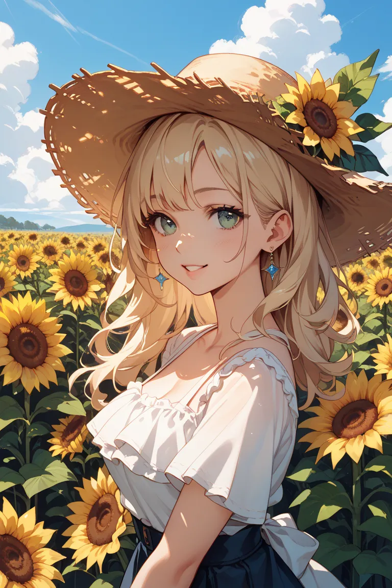 girl's sunflower field white one-piece straw hat