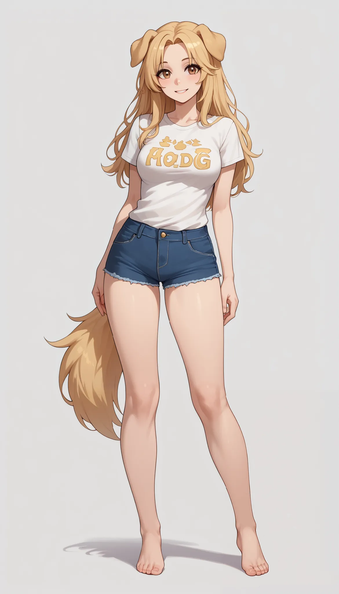 (Masterpiece) (High Detail) (High Res) Full body shot of A curvy slim Humanoid canine female with pale human skin and brown eyes and long blonde straight hair and fluffy blonde floppy golden retriever dog canine ears and a long fluffy blonde golden retriev...