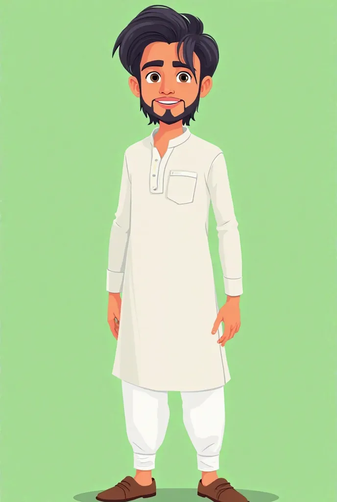 "A cartoon-style male character, around 20 years old, with medium-length black hair, wearing a traditional white panjabi. The background is a plain green screen, making it easy for editing and customization. The character has a friendly and confident expre...