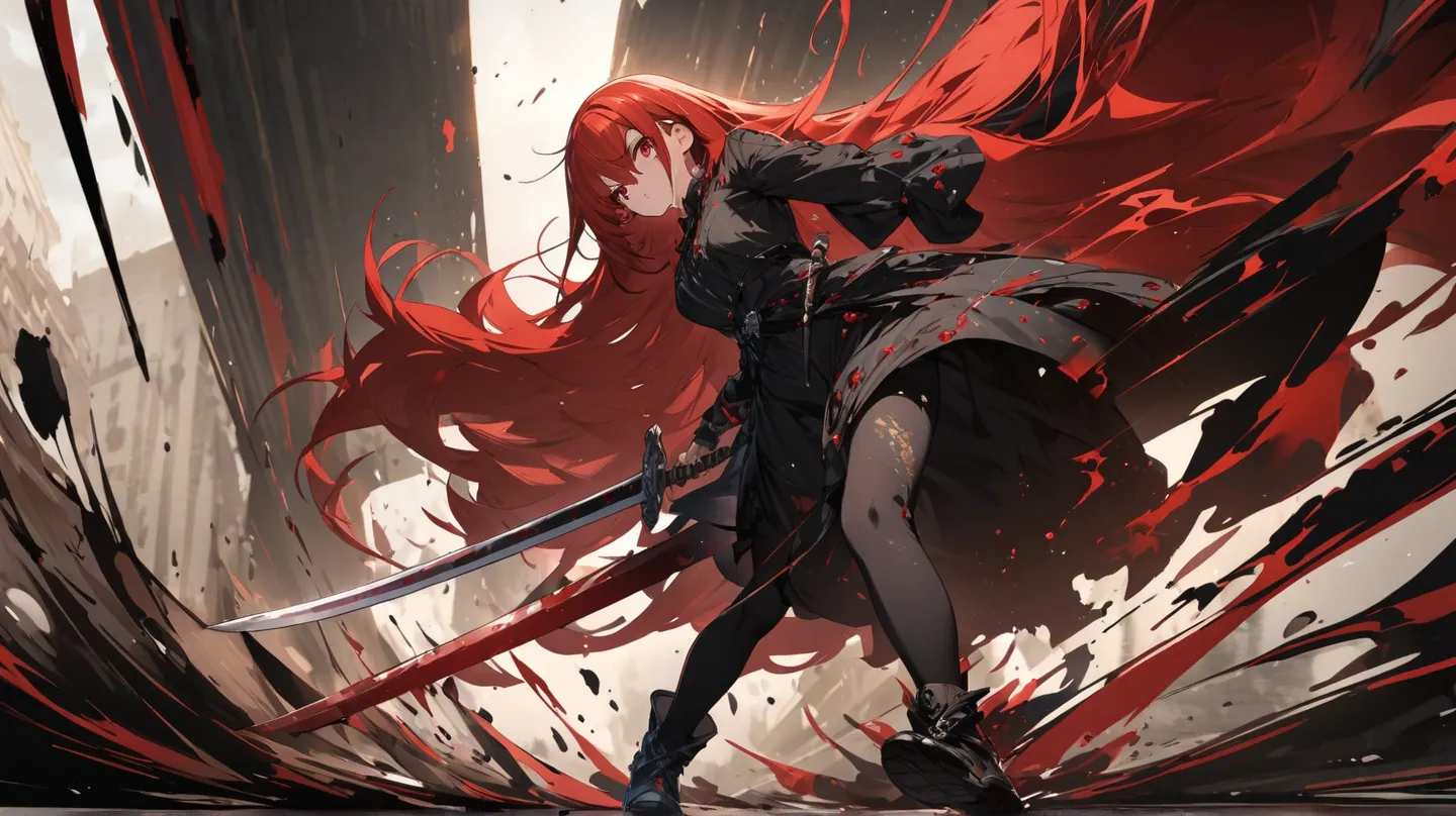 High Resolution、 deep、full body
 .、red hair、red eyes、low angle、hidden hair,  action painting made of black gemstones、is standing、sword、Soluble