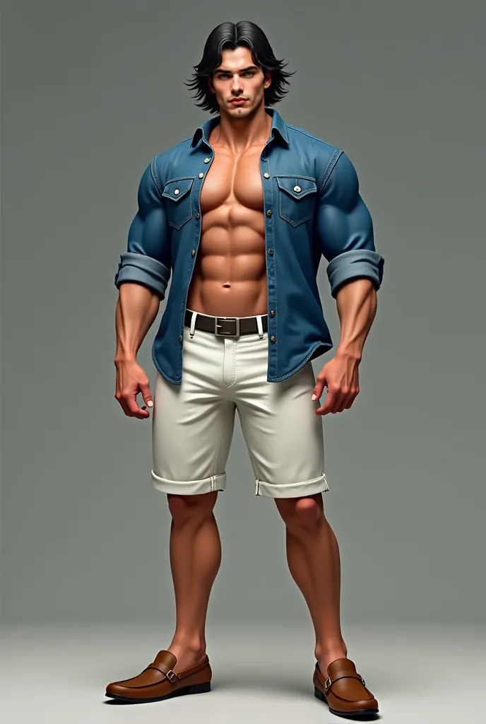 man, Realistic,  White , black hair,  very blue eyes , shoulder length hair shirt, Open blue denim shirt showing the strong and large chest, white shorts, brown mocacino shoe, full body.