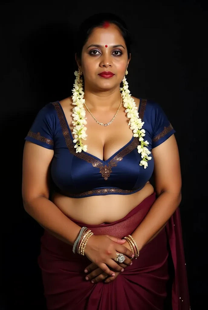 A 50-aged, South Asian woman is centered in the image. She is of medium build and has a slightly large frame. She is wearing a deep blue-colored, shiny, fitted bra, adorned with intricate dark brown detailing.  A maroon-deep red sari, flowing and draped, c...