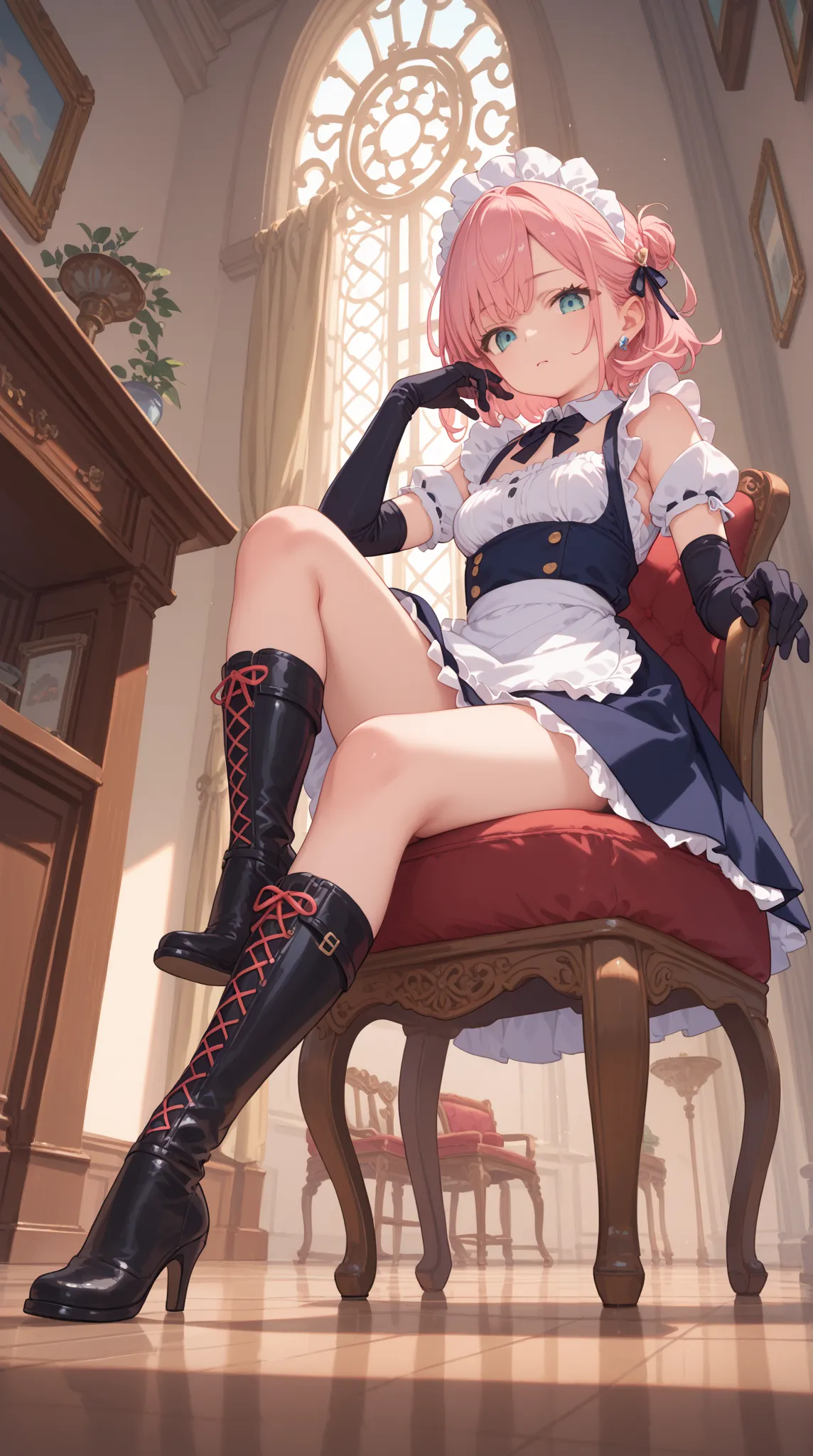  Anime Woman , Maid Seated in a Chair, Knee-length boots,  elbow gloves , 1 girl in uniform with raised legs , Step on your face , Step on face,  Look Down,, opens legs,below