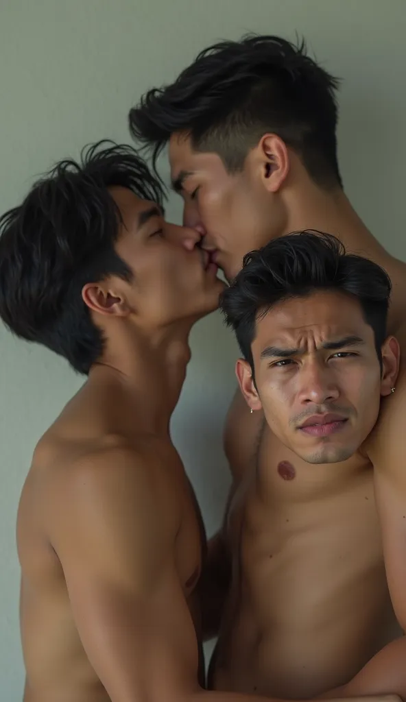 Two clean-shaven, shirtless Asian men are embracing and kissing in the background, standing far from the camera. In the foreground, another Asian man is looking directly at the camera, crying heavily. The two men in the background are only embracing each o...