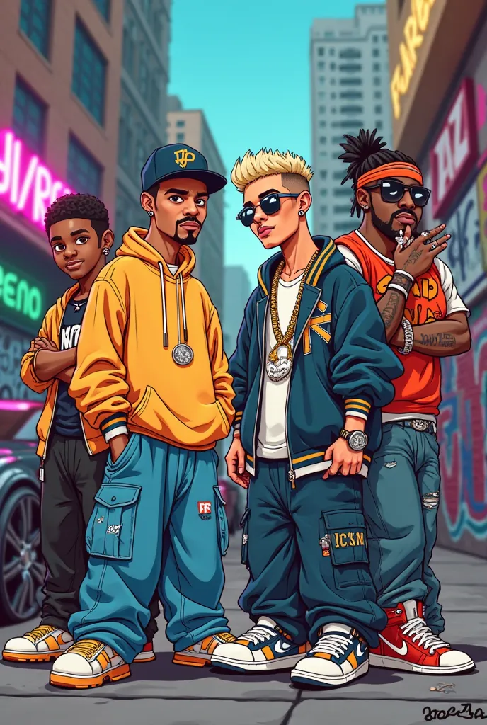 Vibrant and stylized cartoon hip-hop style, with dynamic features, strong colors and striking details.
Inspiration in hip-hop culture:  loose clothing, flashy accessories and an attitude confident.
Characters
White twins (short black hair)

clothes: Oversi...