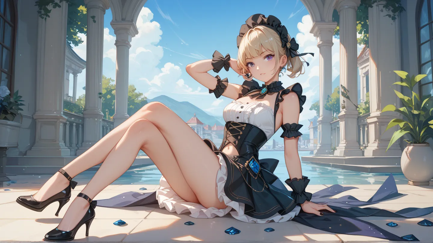 １GIRL High Resolution、sitting、looking here、 deep、 Slim、 action painting made of black gemstones、 with one hand raised、frill skirt、legs are open、full body