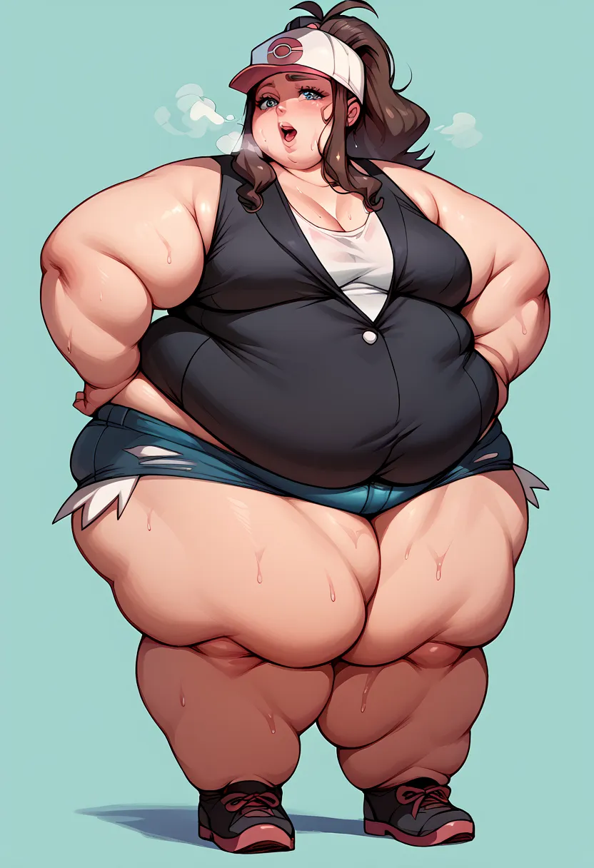 Hilda, PokemonBW, hotpants, cap, ponytail, black vest, open vest, sleeveless, fat, chubby, obese, out of breath, sweaty, open mouth, hands on hip, full body