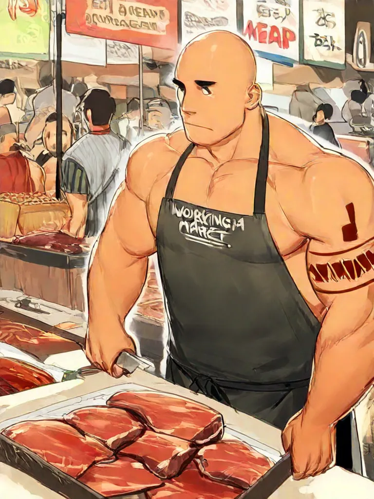 A muscular man resembling Dwayne 'The Rock' Johnson, dressed in a simple worn apron, working at a bustling meat market in Indonesia. He's surrounded by various types of fresh meat on display, with traditional Indonesian market stalls in the background. He ...