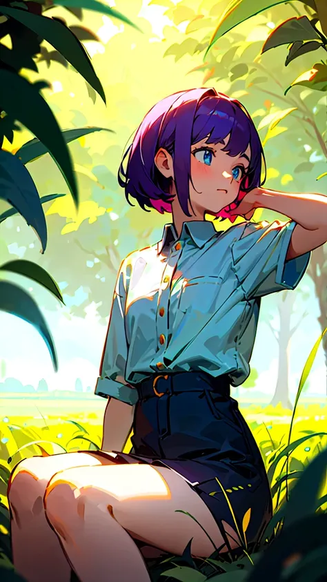 (masterpiece, best quality),Blue-eyed girl with short purple hair is sitting in a field of green plants and flowers, sitting in a field of, warm lighting on both sides of the frame, rough look, blurry foreground、I'm playing darts