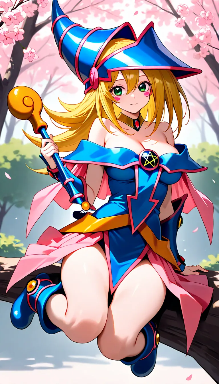 Masterpiece, Detailed Model, Exquisite workpieces, dark magician girl, sit and play, Cherry tree background