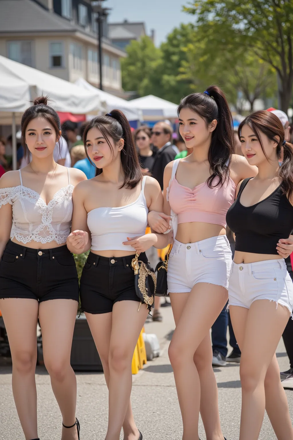 Under the bright glow of the outdoor mildly sunny market, four stunningly shy curvy english-american white women are walking together arm in arm, smiling, their outfits perfectly complementing their voluptuous figures. With thick thighs, rounded hips, and ...