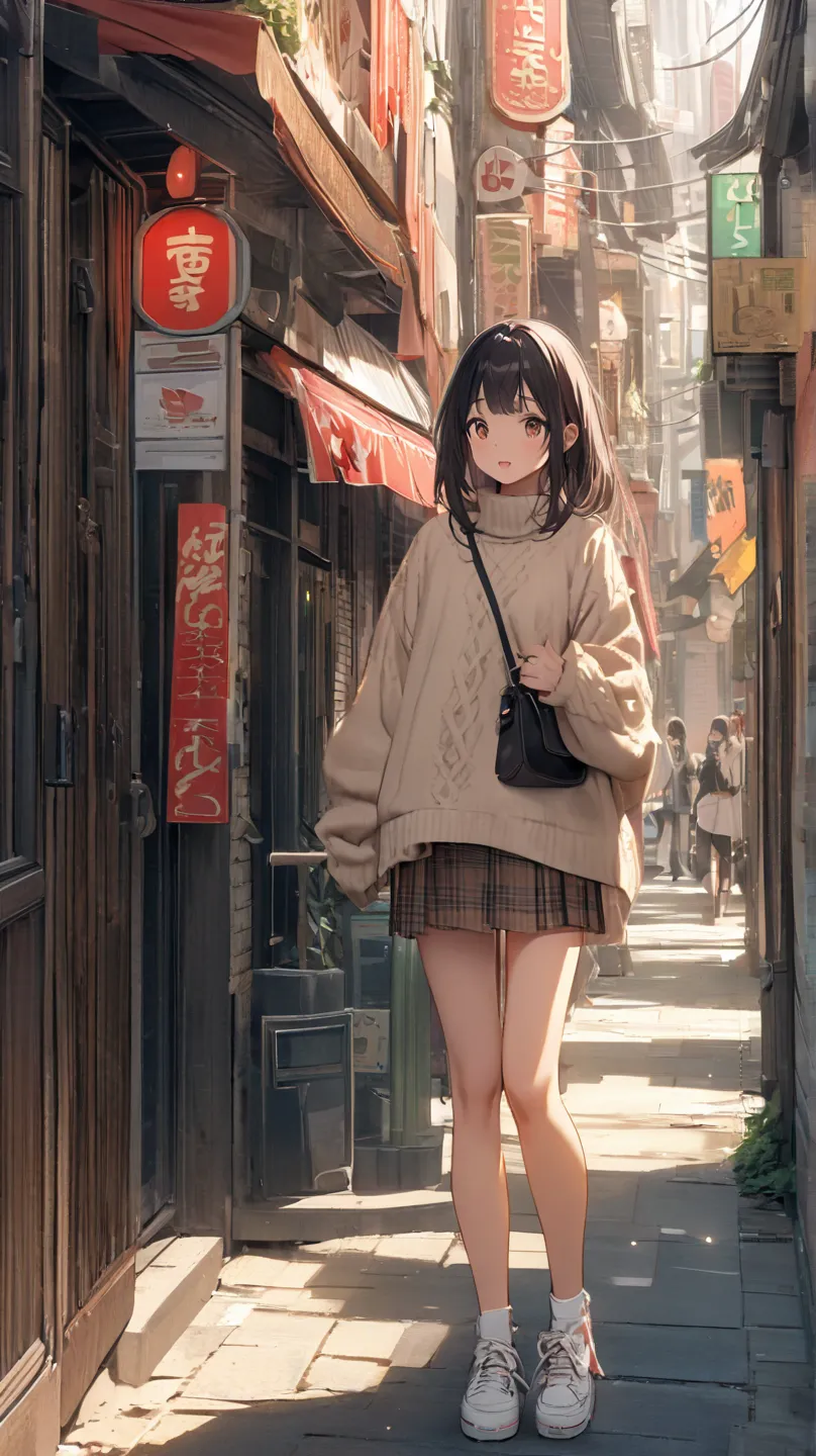 A beautiful age girl with straight black hair and large expressive eyes, walking through a modern Japanese city street during late afternoon. She wears a casual yet stylish outfit: a soft beige oversized sweater, a pleated plaid skirt, and comfortable whit...