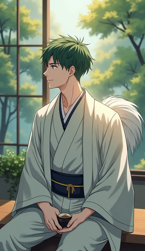 Samoyed tail, Adult male, Dark green hair, Very Short Hair, kind expression,  manly, The body is turned to the side and is watching the scenery outside、 kimono, Japanese-style teacup,Japan Spring , 4K, high, realistic, professional , Extremely tight, Physi...