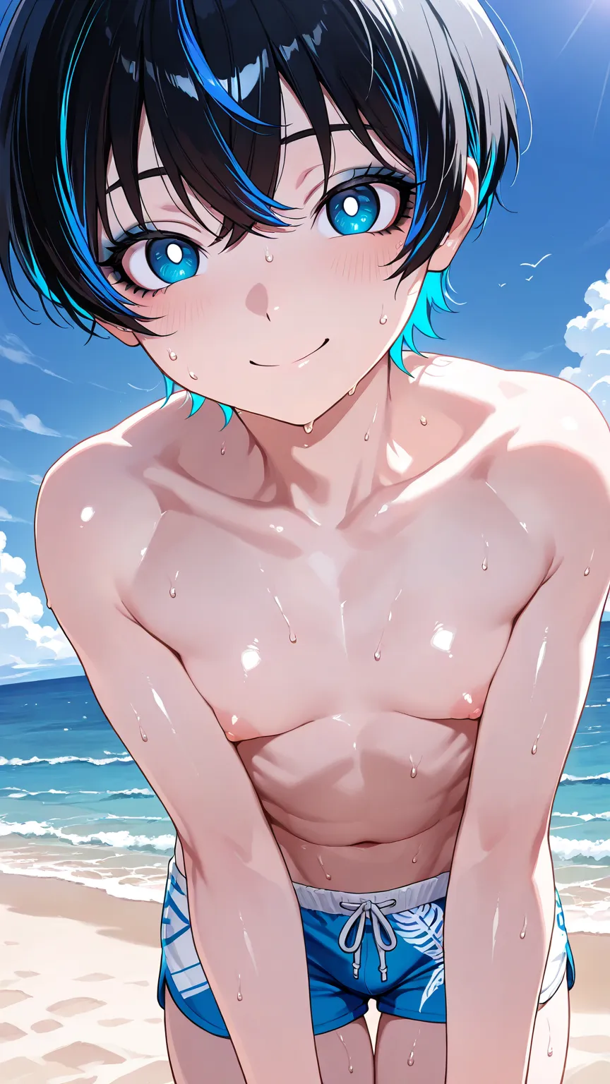 1boy, femboy, black inner colored hair, short hair, Glossy skin, flat breasts, face, look at viewer, choppy bangs, smile, mascara, oval pupils, ultimate quality,  perfect  sweat, cool beauty, open horizon beach, swim trunks, top less,