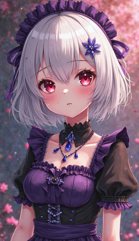 a fair-skinned girl,  short hair and white color , eyes red as blood,  with a sad smile ,  tears streaming down her face , sapphire necklace with victoria-style maid costume in black and purple,  with a bust size 38D, full body foot skirt.  anime style