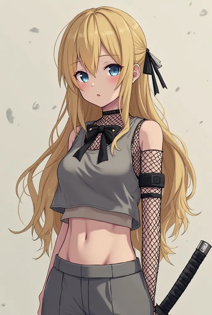 Anime girl dark blonde hair long bow tie dark blue eyes   , dressed in a fishnet shirt and a short gray t-shirt with bare shoulders and abdomen , He has long gray pants , On his right arm he has a ninja hatai-ate from the village of the blade from the anim...