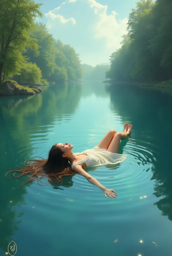 A drawing of a girl in the middle of a lake 