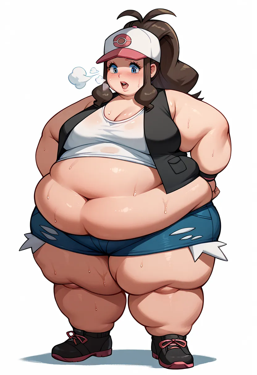 Hilda, PokemonBW, hotpants, cap, ponytail, black vest, open vest, sleeveless, fat, chubby, obese, out of breath, sweaty, open mouth, hands on hip, full body