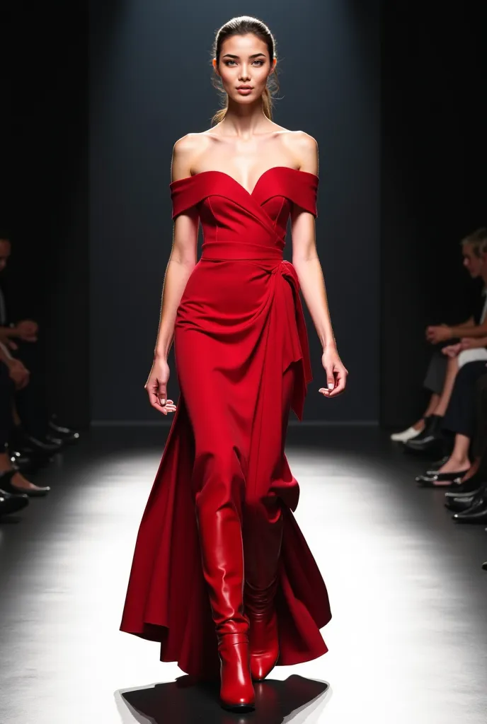 A striking model walks confidently down the runway, exuding elegance and power. She wears a breathtaking designer gown with an off-the-shoulder bodice, structured and sophisticated, wrapping around her frame seamlessly. A dramatic, asymmetrical skirt casca...