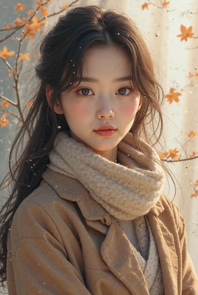 Beautiful Japanese girl with soft smile, long hair wearing coat, scarf Realistic style picture