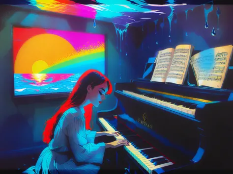 raindrops dripping from the roof down to surreal woman with piano floating below underwater, VHS, glitch, distorted, nostalgia, 90's retro vibes, analog tape, vcr aesthetics, tv, television, hand drawn, (full roygbiv color) ink charcoal expressive illustra...