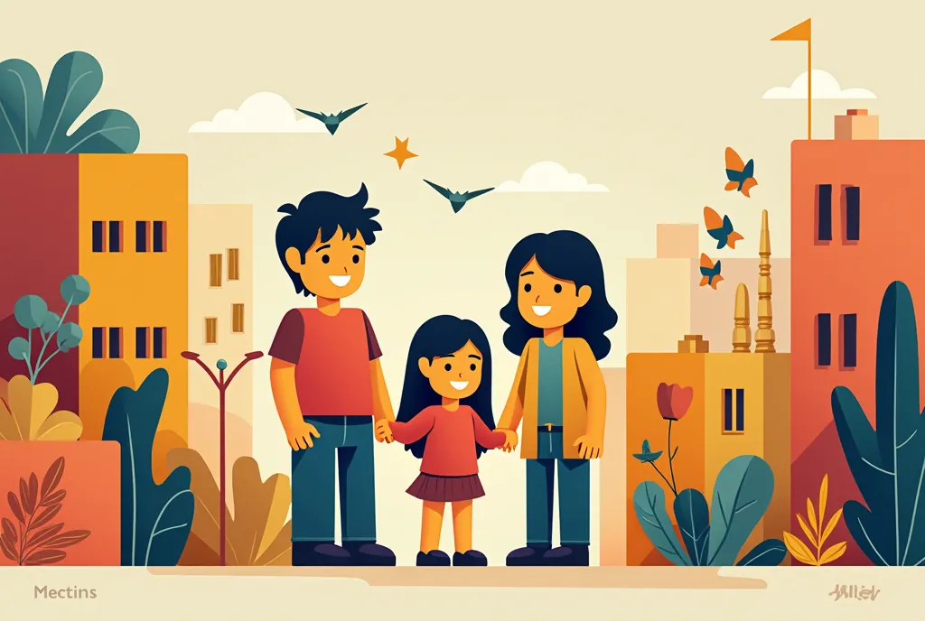 Illustration, for a book, a happy family, made using vector lines, ((ONLY STRAIGHT LINES)), shapes and objects, modern art, as if made using Lego blocks