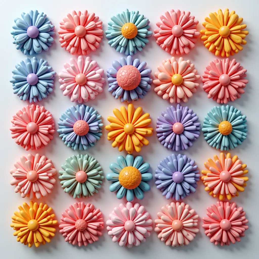 A 36-grid picture，Arrange 36 flowers made of different colored balls，3D Blender style