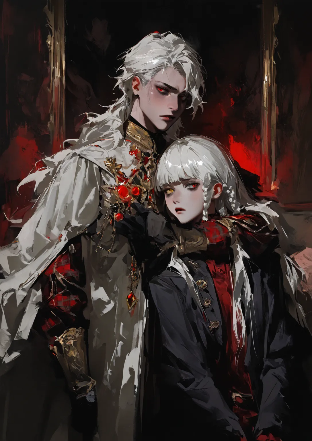 2boy, male, very thin, fear, emotion of horror, long hair, white hair, mullet, disheveled hair, side braids, heterochromia, red eye, yellow eye, nobleman, sleek hair, dark red shirt, black jacket, long jacket, gold edges of pajamas, black and dark red plai...