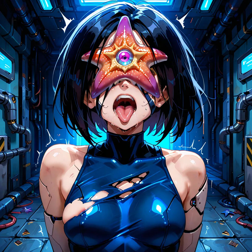 alita, cyborg, , brown eyes, hyper detailed, 1girl, black torn leotard sexy,nsfw, beautiful face, mouth open, tongue out,  ,BREAK, very dark,dark lighting,wobbling,defeated, BREAK, starro, , ((starro starfish fully on whole face over eyes)) struggling,,,st...