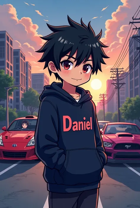 Create me a mascot logo where the mascot is a black-haired gamer boy with a sweatshirt and underneath it has the letters Daniel that behind there is a city with sports cars and that sports cars have people sitting and that there are Japanese cars and that ...