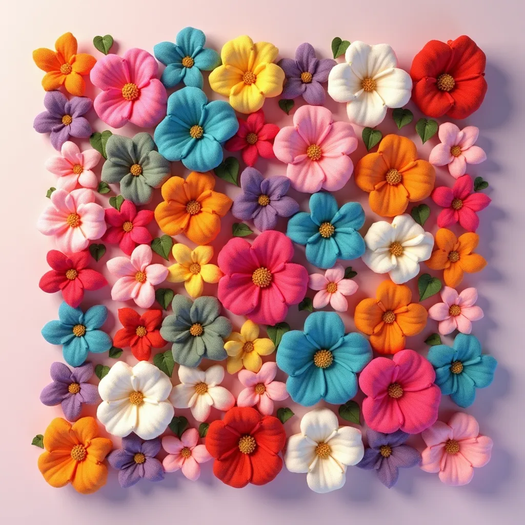 A 36-grid picture，Arrange 36 flowers made of woolen material in different colors，3D Blender style