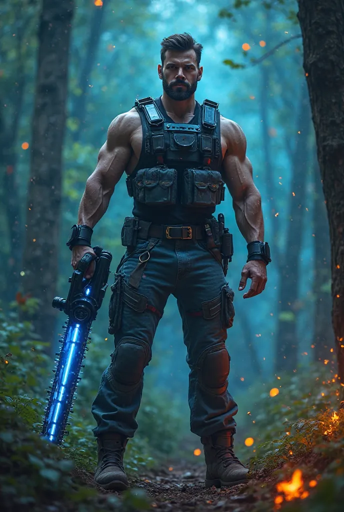 A powerful and heroic man stands in a dense enchanted forest, holding a futuristic energy chainsaw. His face is determined, with a strong jawline, piercing eyes, and a neatly trimmed beard. His muscular physique is accentuated by a high-tech armored vest w...