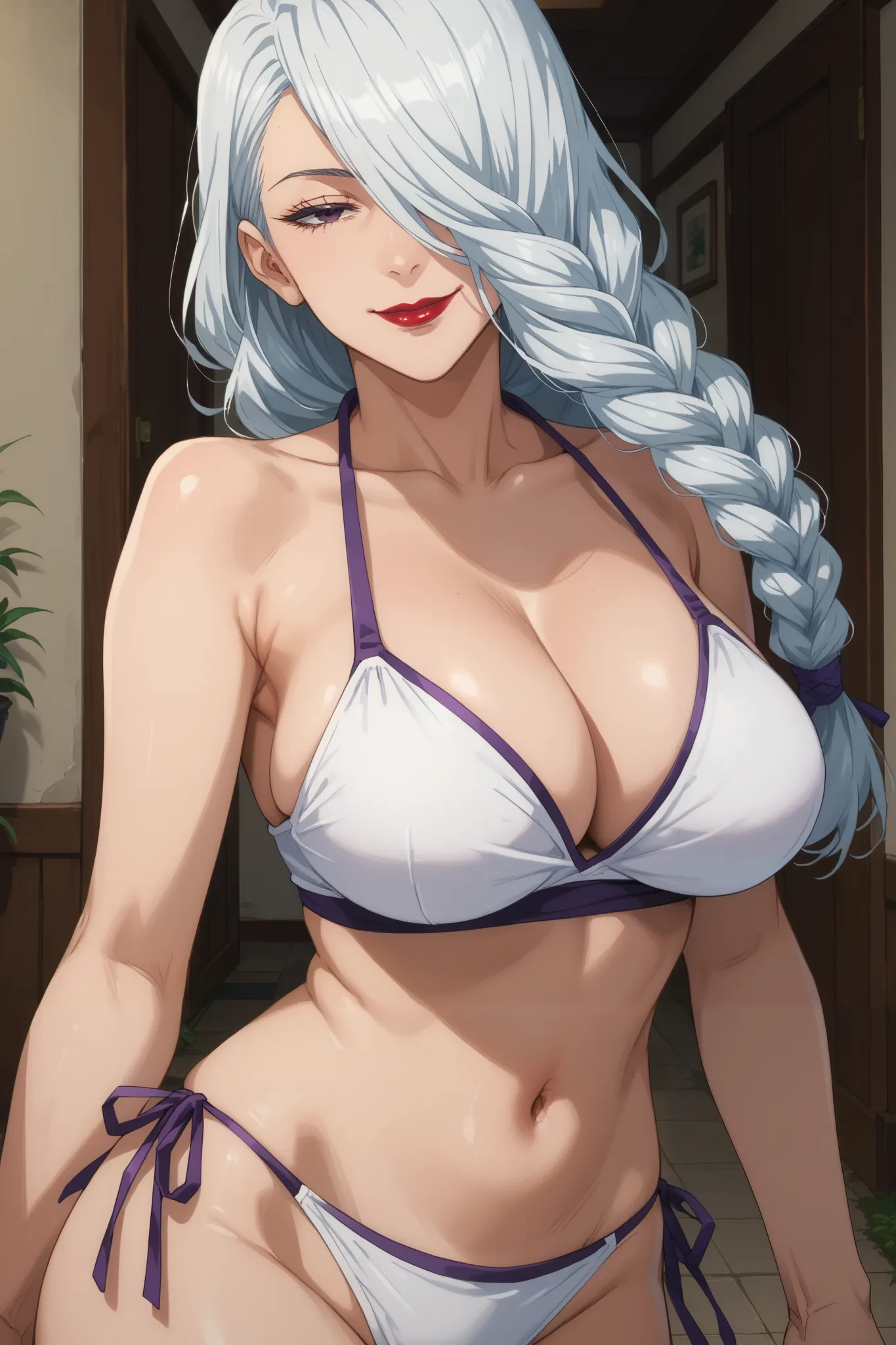 score_9_up, score_8_up, score_7_up 1girl, purple nails, mature female, ChopioMeiMei, white hair, long hair, braided ponytail, front pontytail, purple eyes, braid, hair over one eye, one eye covered, red lips, lipstick, half-closed eyes, looking at viewer, ...