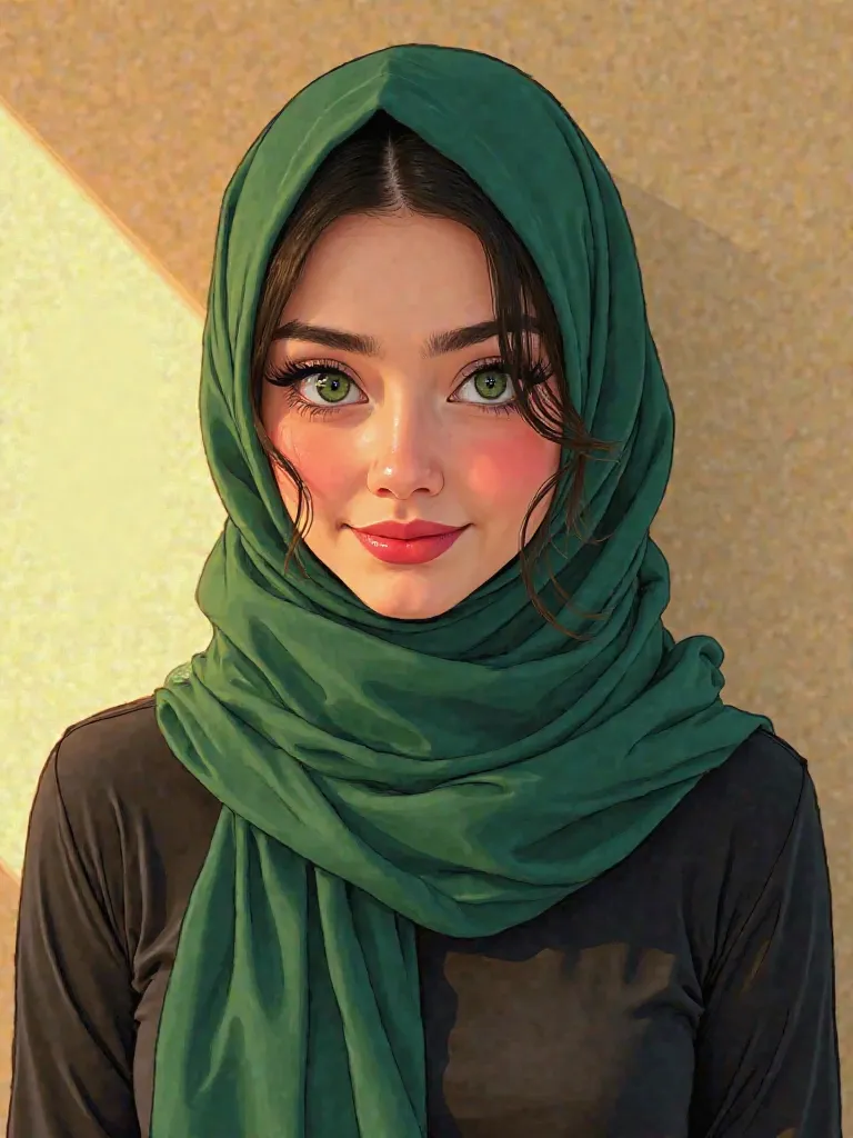 a woman wearing a green scarf and a black shirt, professional profile picture, arab ameera al taweel, headshot profile picture,Painting,hijabDisney-style, (youthfullik: 1.1), youthful , green eyes, He was smiling, closing his lips. (sunlight: 1.2), shiny, ...