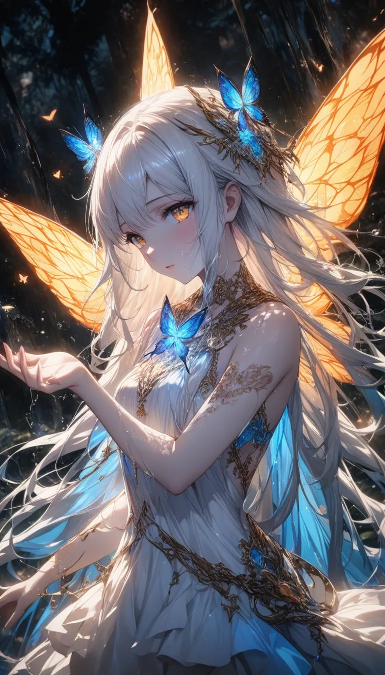 A mystical young woman with long, flowing silver-white hair and glowing golden-orange butterfly wings emerging from her back. Her ethereal, pale skin is adorned with intricate red tribal tattoos, swirling along her arms and shoulders. She wears a flowing, ...