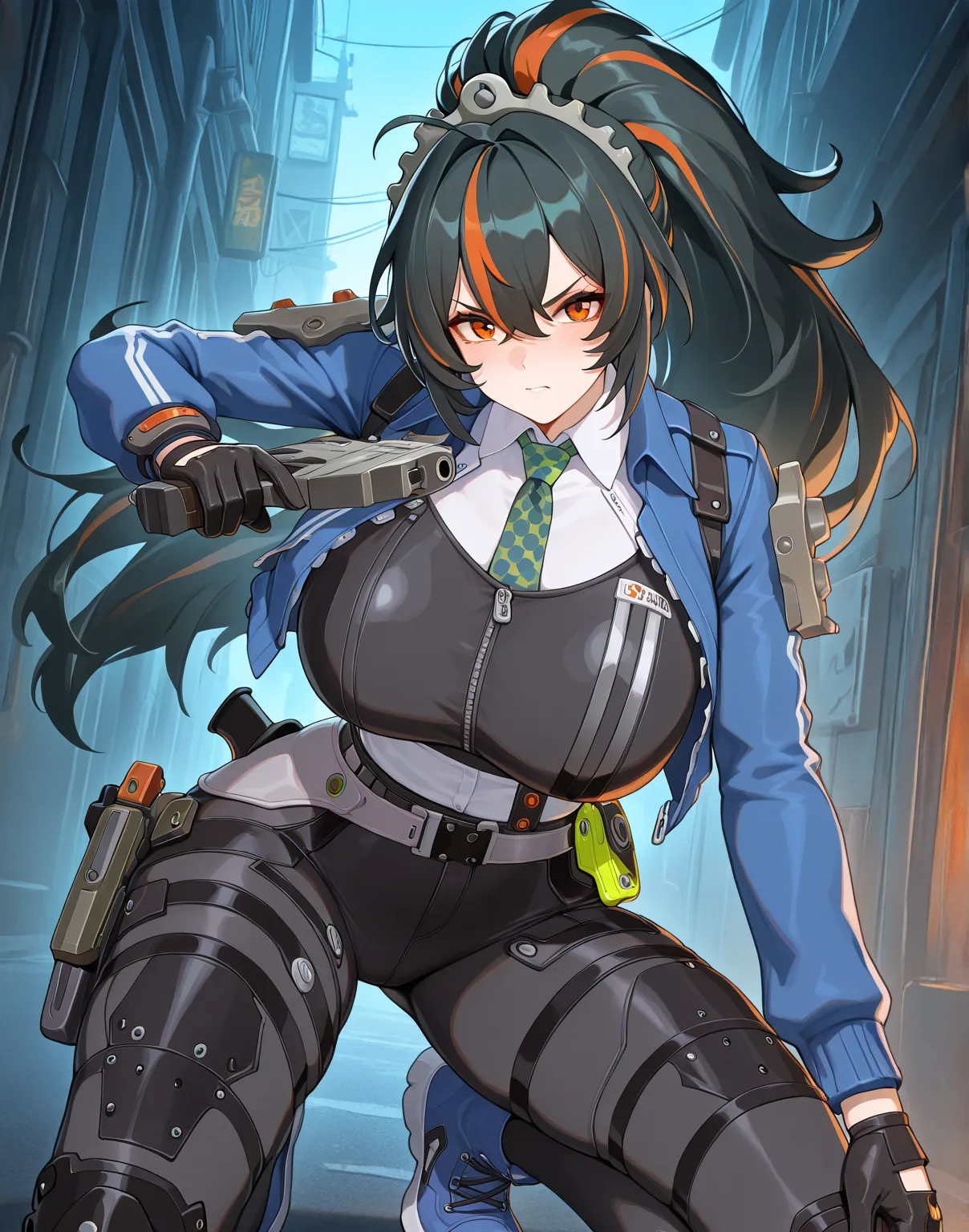 (masterpiece) ,best quality,amazing quality,very aesthetic,absurdres,newest, zhu yuan (zenless zone zero), big breasts, 1girl, dark alleyway, nighttime, Zhu yuan (zzz), zhu yuan, orange eyes, black hair, long hair, streaked hair, ponytail, huge breasts,Ven...