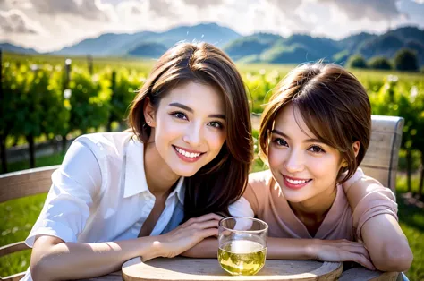 ((White Wine)),(( wine glasses)),(realistic, 超realistic:1.4), 16K HDR, high image quality during sick leave,((White Wine)),(( wine glasses)),Age 34,Age 31, beautiful woman like a Japanese actress,turtleneck dress、happy smile、short hair,  best smile、slim co...