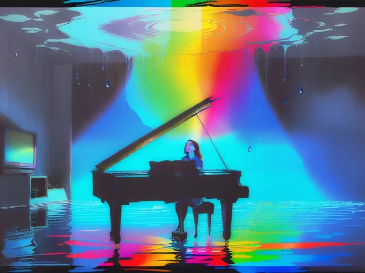 raindrops dripping from the roof down to surreal woman with piano floating below underwater, VHS, glitch, distorted, nostalgia, 90's retro vibes, analog tape, vcr aesthetics, tv, television, hand drawn, (full roygbiv color) ink charcoal expressive illustra...