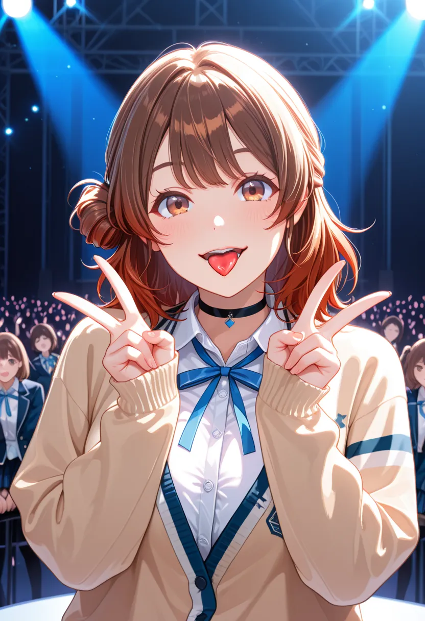 hidden hair,  Hanami plum , , stick out your tongue, Double V, upper body, brown hair, brown eyes, stupid hair, Chignon, bungs,  medium hair, gradation hair, big breasts, school uniform, cardigan, white shirt,  blue ribbon, viewers, Alone, black choker, on...