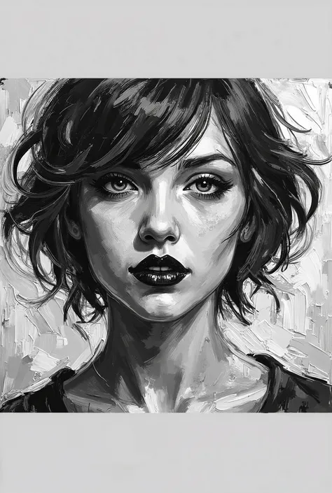 young woman, painted in a painting, with short black hair, realistic painting in black and white, wearing a black lipstick