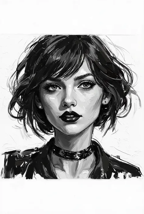 young woman, painted in a painting, with short black hair, realistic painting in black and white, wearing a black lipstick