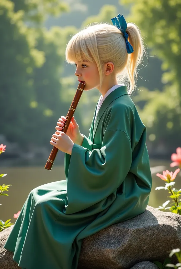 person who wears a soft green hanbook and usually plays the recorder, él tocando el instrumento mientras está Sitting sobre una roca (Let you see the rock, Sitting) looking deep into a traditional Japanese garden, full-bodied and that you can see the whole...