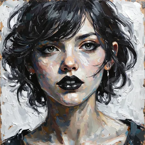 young woman, painted in a painting, with short black hair, realistic painting in black and white, wearing a black lipstick