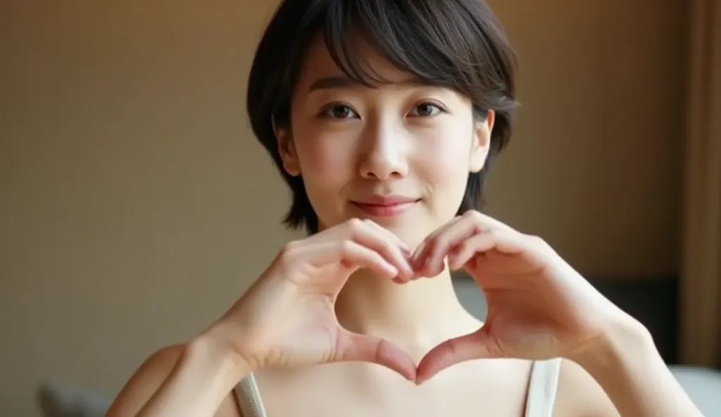 she's wearing a camisole, I make a heart shape with both hands , And then pose in front of her chest, Close up shot of smiling while winking