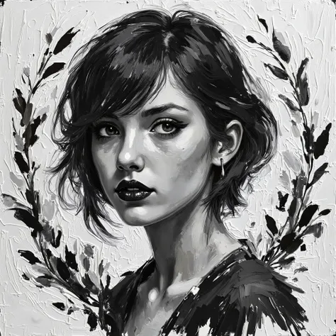 young woman, painted in a painting, with short black hair, realistic painting in black and white, wearing a black lipstick