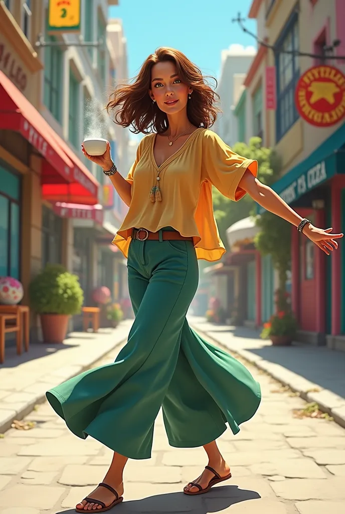 age woman with white tea, green eyes and medium length brown hair dancing very lively urban style with loose pans and short but loose shirt 