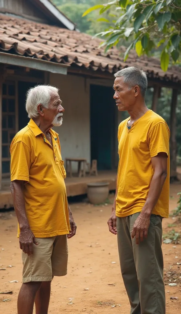 In a rural village in Thailand, in the courtyard of a house, an elderly man, yellow, white hair, wearing a yellow short-sleeved shirt and shorts, was standing in conversation with a 30-year-old man, tall, handsome, yellow skin, short hair, wearing a long-s...